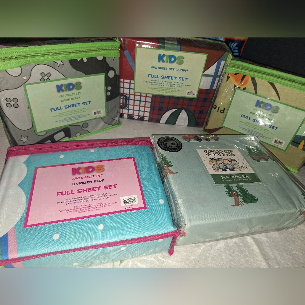 Full Sheet Sets- Unicorn Blue, Peanuts, Game Black, 4pcset Rugby, Dinosaur Taupe